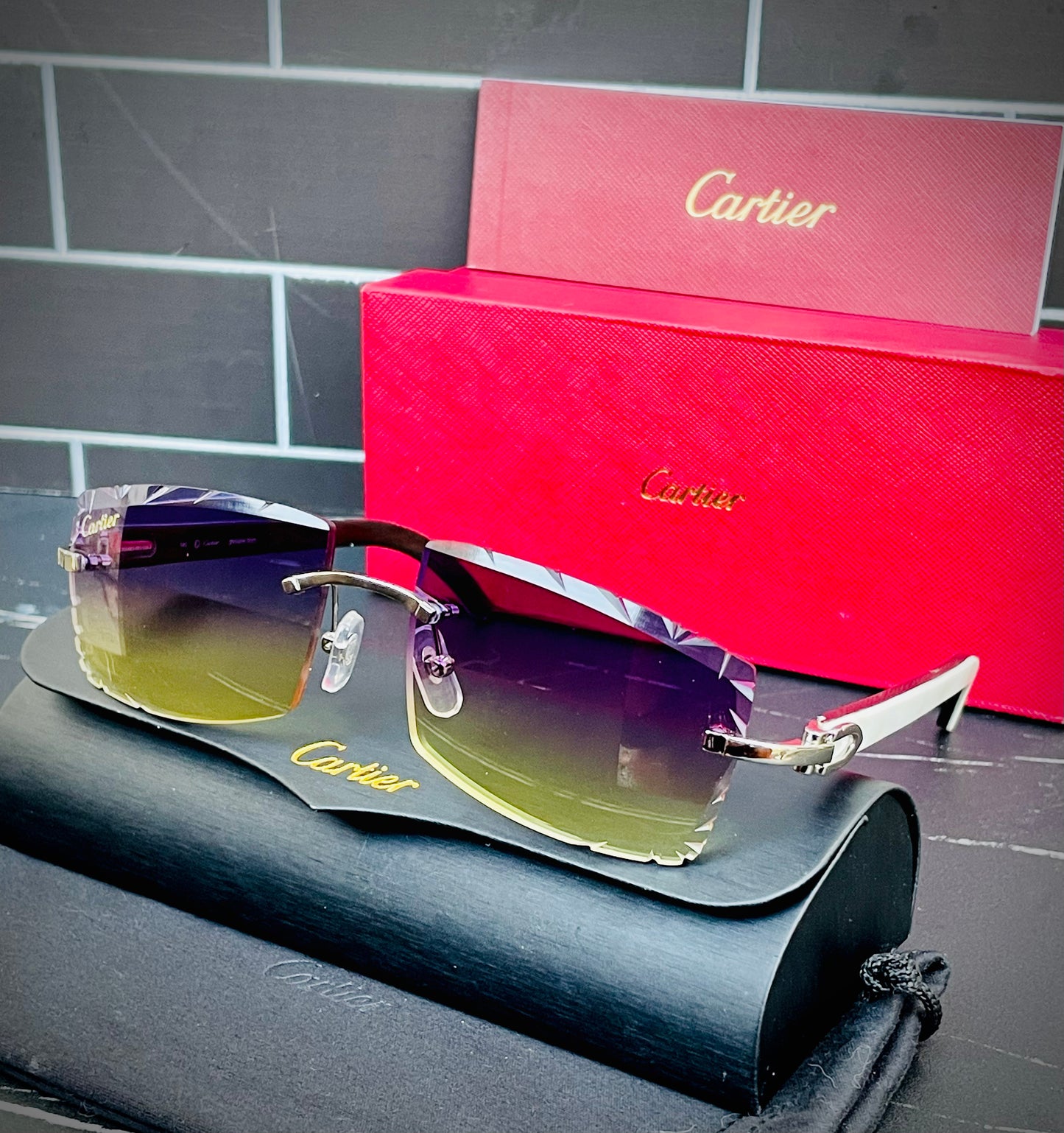 Cartier C Decor buffalo horn Diamond Cut Rimless Glasses